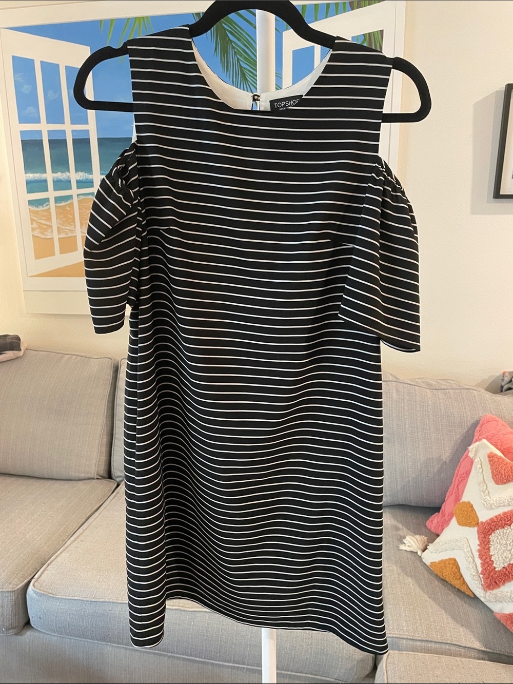Topshop Black and White Striped Cold-Shoulder Shift Dress